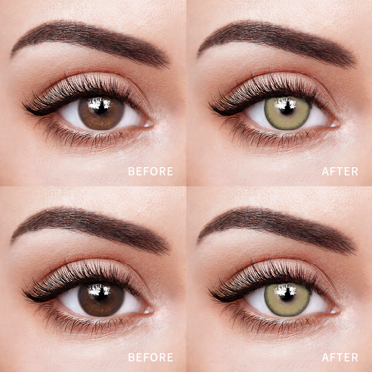 The before and after comparison of wearing Silvana Green Contact Lenses.